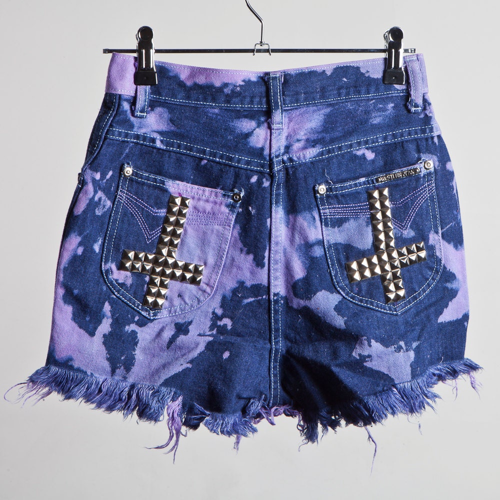 High Waisted, Frayed, Mottle Bleached & Dyed Purple, Studded Crosses on the Back Pockets, Denim Cutoff Shorts