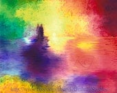 LAKE CASTLE Print Abstract Rainbow Landscape Red Purple Green Blue Seascape 8x10 Sunset Digital Painting Photographic Print by K Graham
