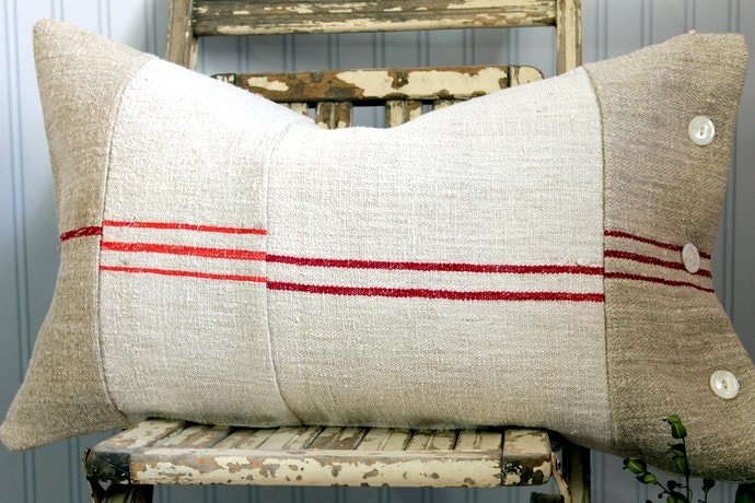 Grain Sack Decorative Pillow Cover European Vintage Red stripes 24 x 16 button closure