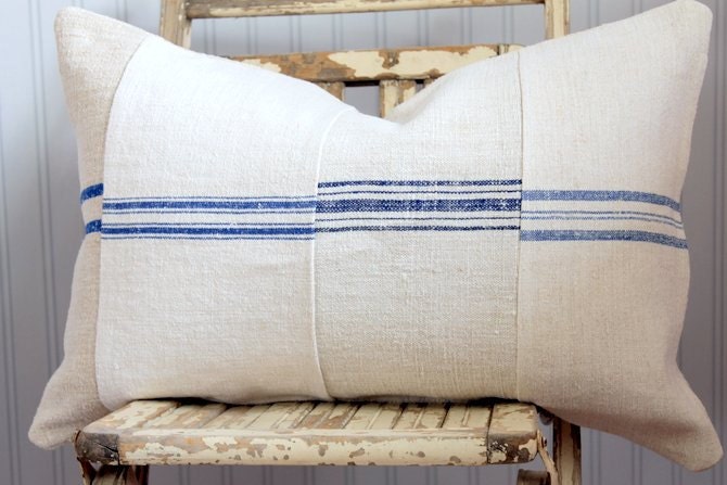 Grain Sack Decorative Pillow Cover European Vintage Blue stripes Pieced 24 x 16