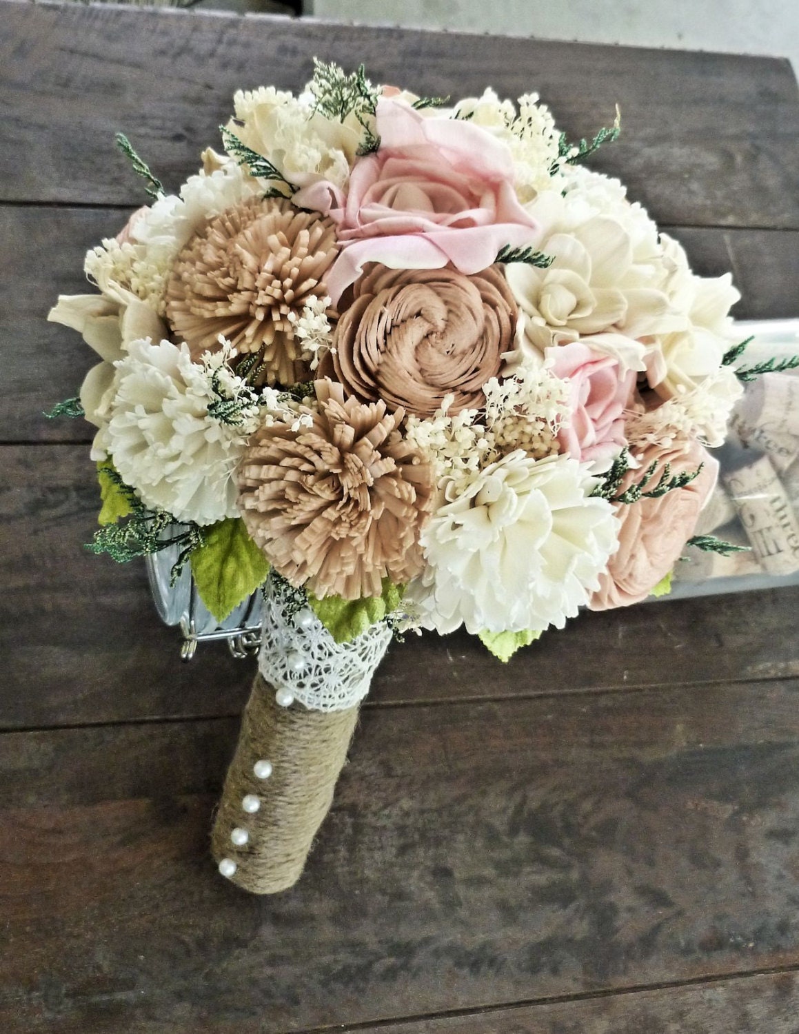 Romantic Wedding Bouquet -Natural Bridal Bouquet, Keepsake Alternative Bouquet, Sola Bouquet, Shabby Chic Rustic Wedding