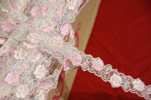 3 yards  Tulip Pink Light Yellow Mesh Lace Embroidered lace trim 2cm wide. A1167