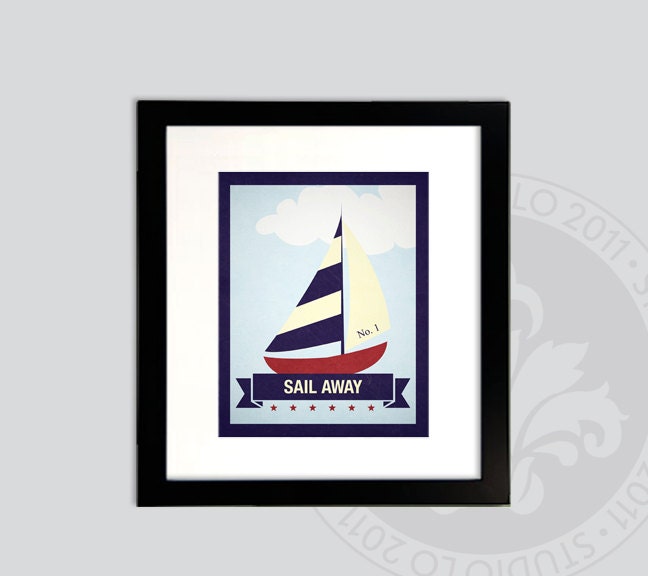 Nautical Sailboat print // 8x10 // Sail Away. Matches several Pottery Barn quilts. StudioLO2011