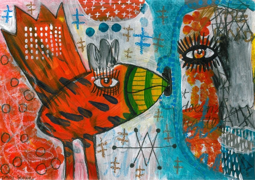 a little birdy told me - original painting - outsider art - contemporary - mixed media - expressionist