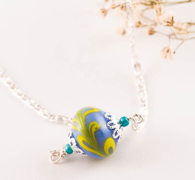 lampwork necklace, glass necklace, lariat, romantic, spring, turquoise, blue, yellow, silver necklace, party, gift woman