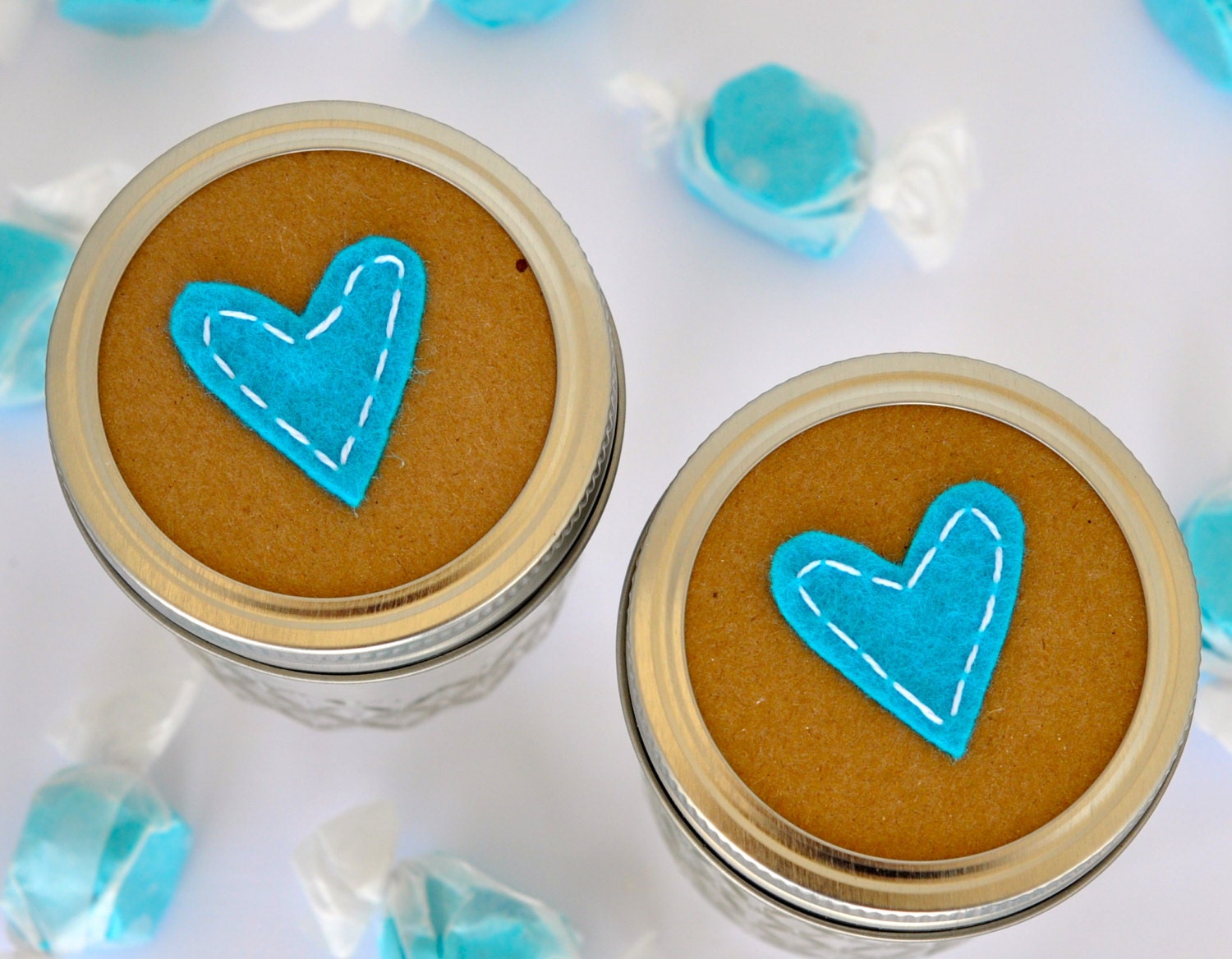 Felt bright blue country hearts-6 regular or wide mouth mason jar toppers