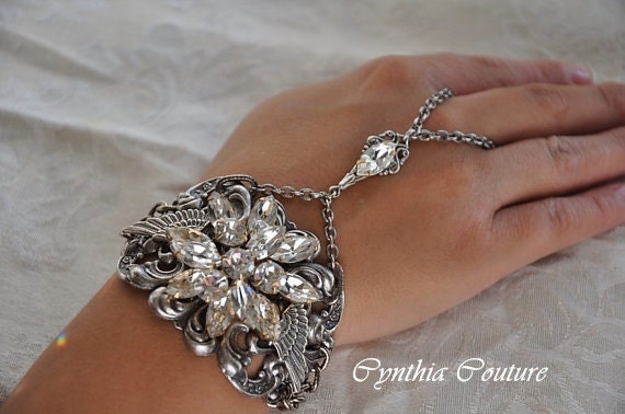 Bridal Cuff Bracelet,Gothic Slave Bracelet,Swarovski Crystal Slave Bracelet,Vintage Style Bracelet,Grecian Slave Bracelet,Antique Silver