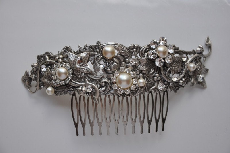 Bridal Hair Comb,Art Deco Style Hair Comb,Flower and Leaf Hair Comb,Vintage Style Hair Comb,Antique Silver,Wedding Hair,Head Piece,JASMIN