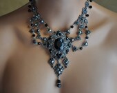 Bridal Black Jewelry Set,Bridal Statement Necklace,Swarovski Crystal and Pearl Necklace,Victorian Gothic Necklace,Bib Necklace,