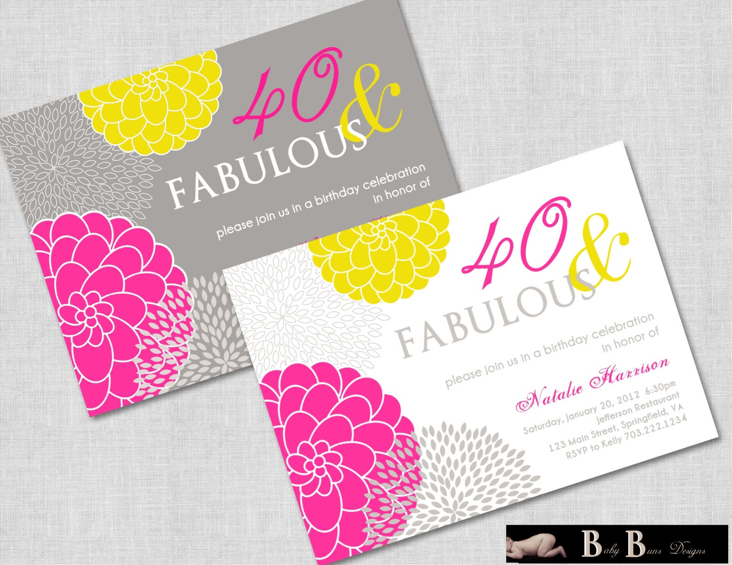 40 and Fabulous 40th or 50th Birthday Invitation- Gray, Pink & Yellow- Printable