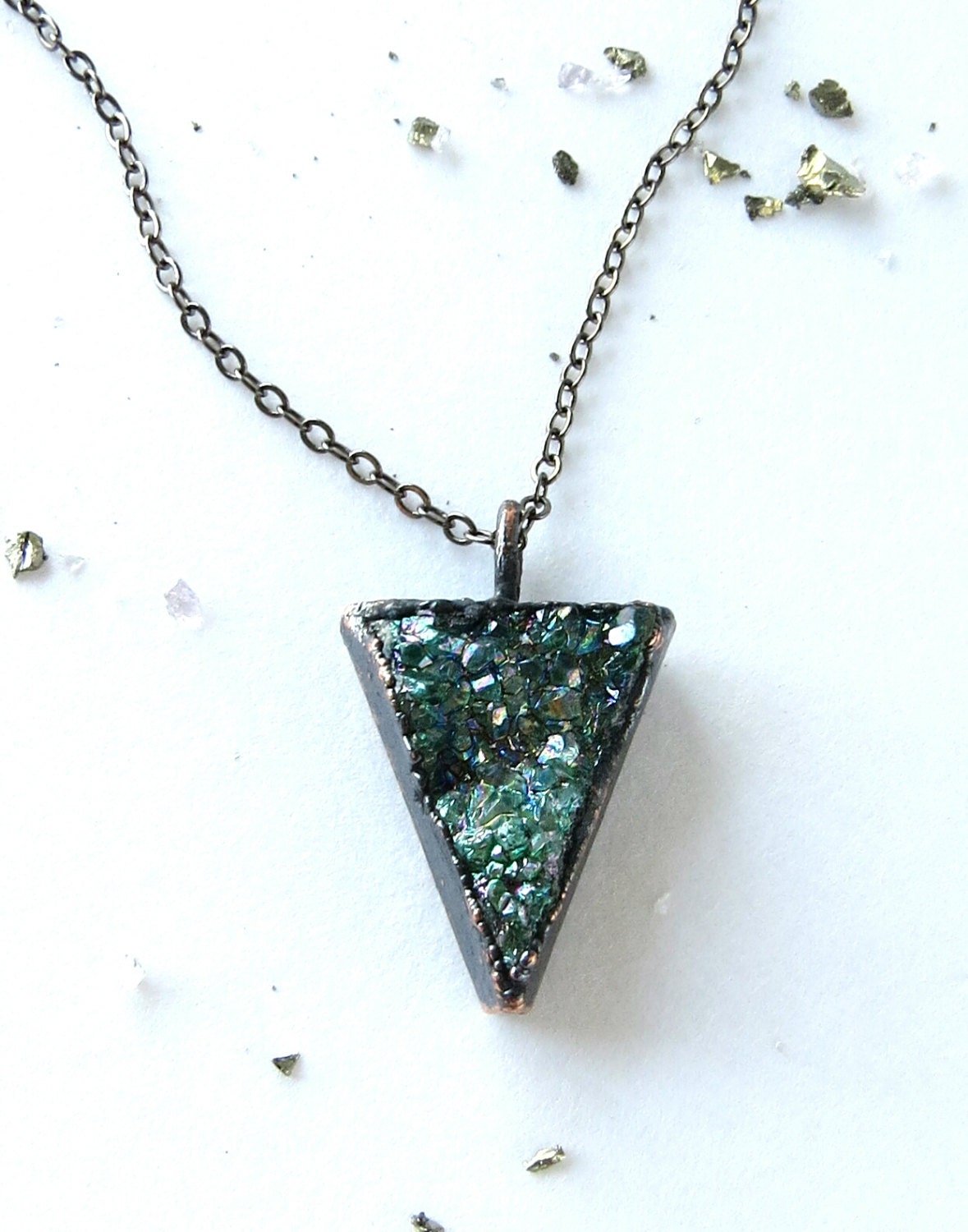 Kryptonite Crystals Necklace, Oxidized Copper Plated Druzy Stone, Triangle Pendant