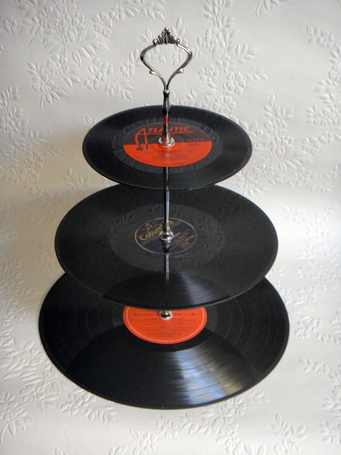 3 tier Vinyl Record Cupcake Stand Rockabilly Retro Cake Stand - Red