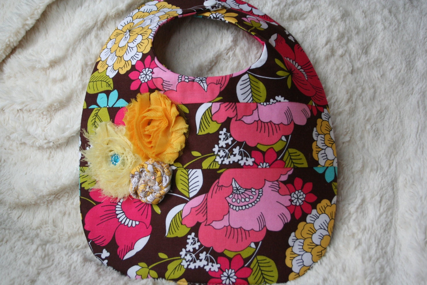 Baby Girl Bib- Brown with Colorful Floral Print, Yellow Flowers