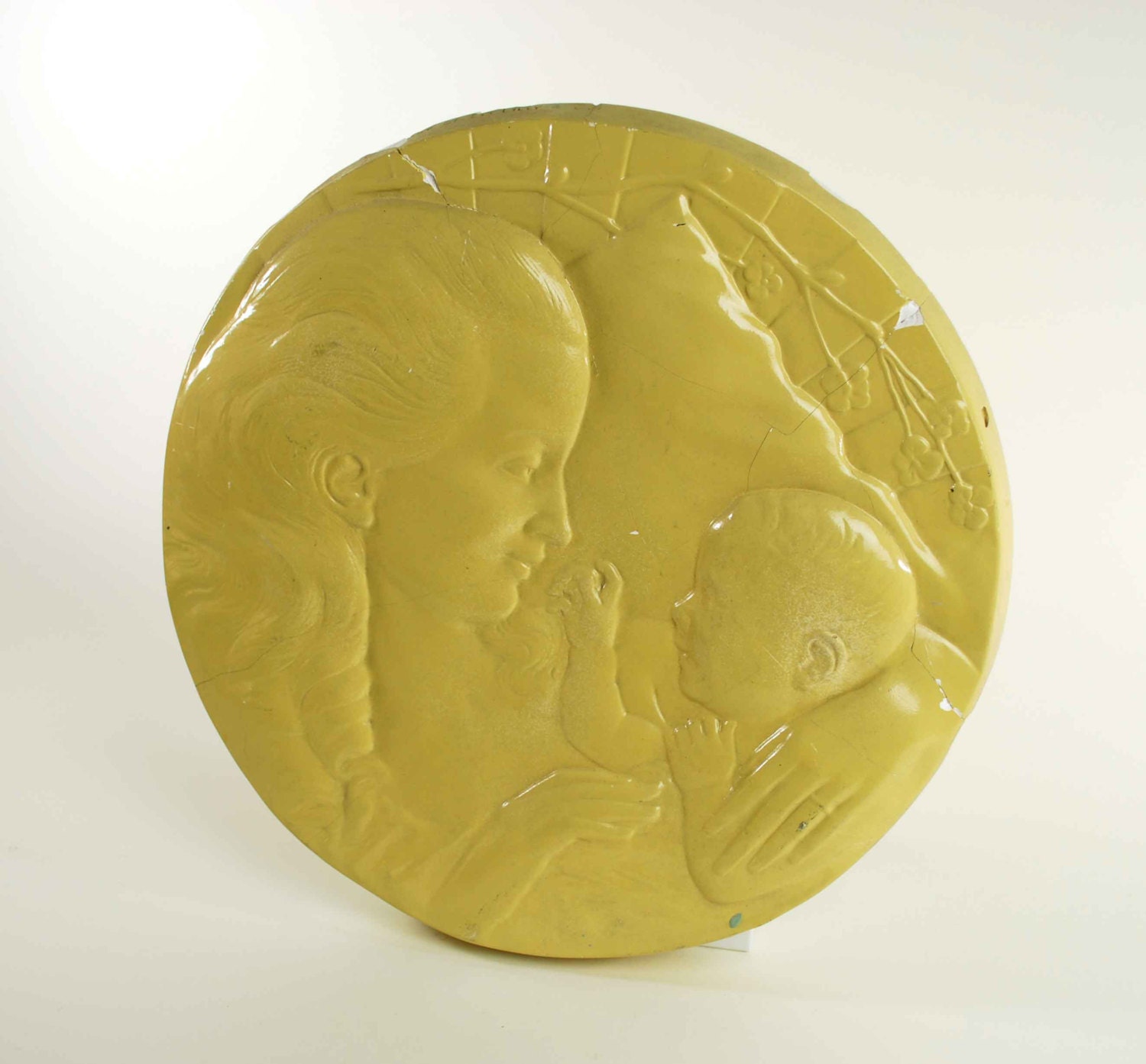 Vintage Mother & Child Plaster Roundel // 1960's Yellow Medallion Wall Hanging // Marked Courtesy of Eli Lilly