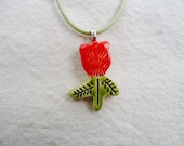 FREE SHIPPING Artisan Handmade Hand Crafted Ceramic Flower Red Tulip Necklace, Pendant on Apple green Cotton Cord with Magnetic Closure