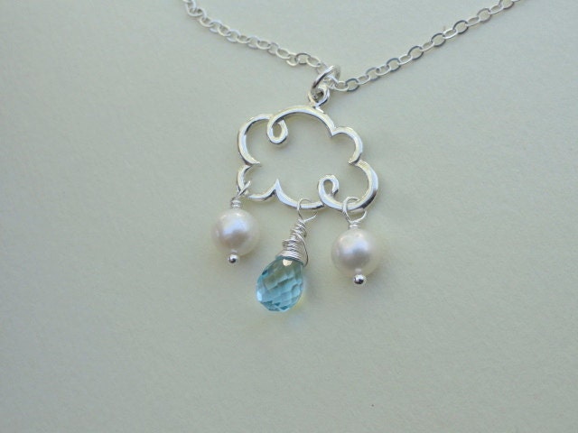 Sterling silver cloud necklace with freshwater pearl droplets and Swiss blue Topaz gemstone, December birthstone, whimsical, cloud jewelry