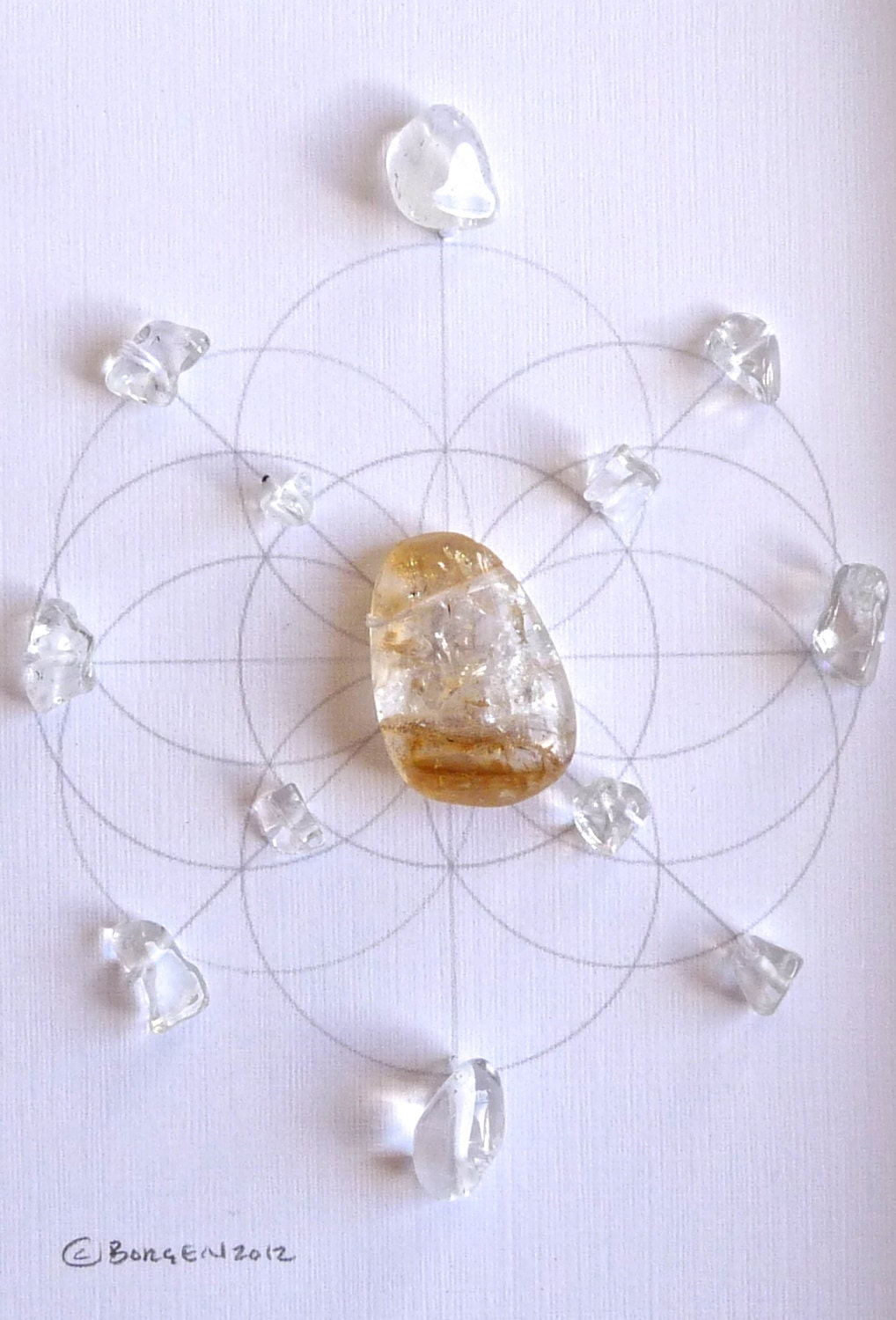 WEALTH NEW BEGINNINGS --- framed sacred crystal grid --- citrine, clear quartz