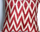 FAST Shipment with FEDEX (1-3 Days).Silk Velvet Ikat  Pillow -Decorative Handmade Pillow (2 pieces ) - Double  SET ,red,cream ,26x26 inches