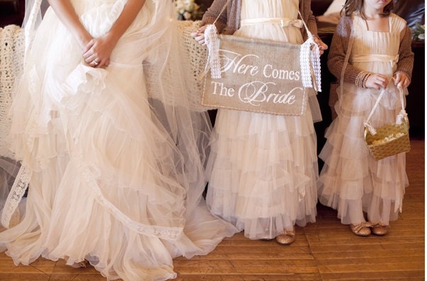 Burlap Here Comes The Bride Banner Rustic Wedding Sign Ruffled blog