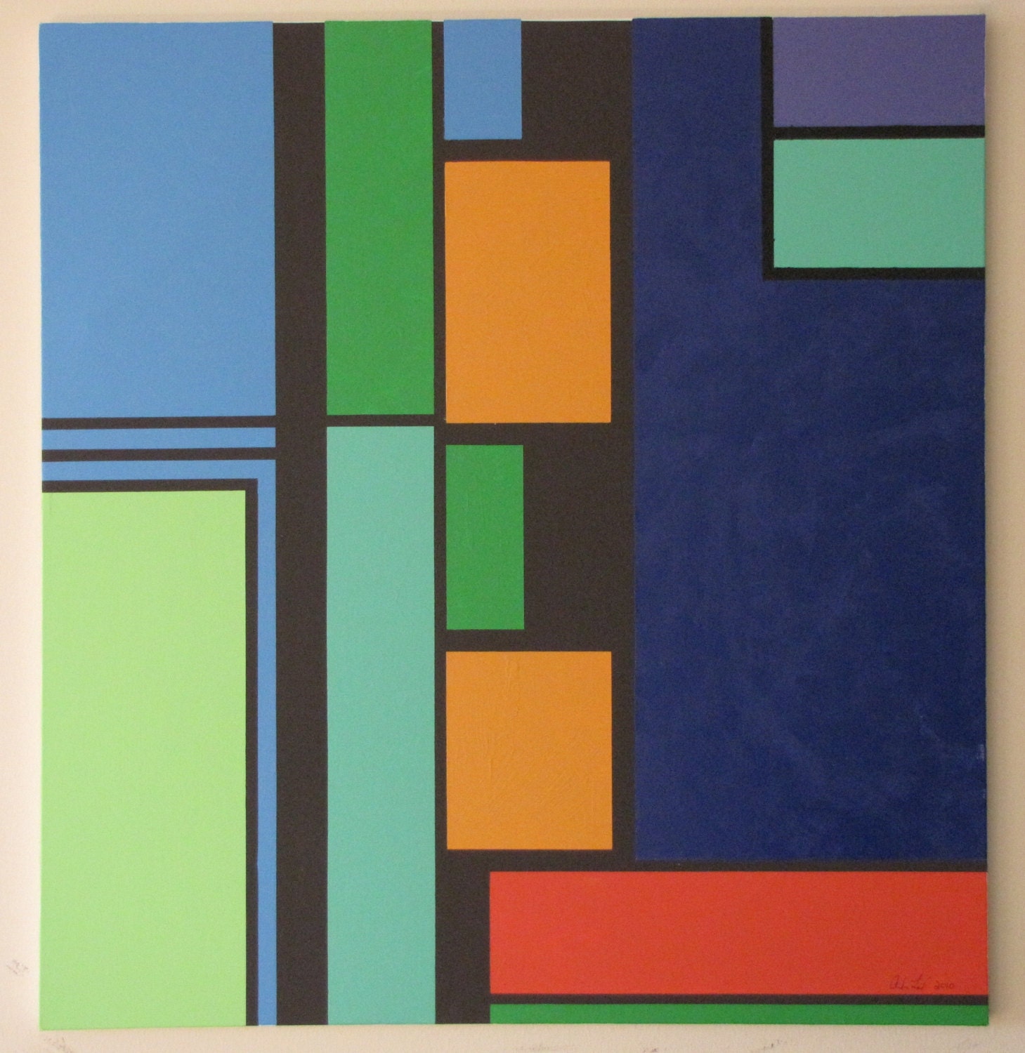 Stunning Green & Blue De Stijl Giclee Art Print on Stretched Canvas (34" x 32") in the style of Mondrian