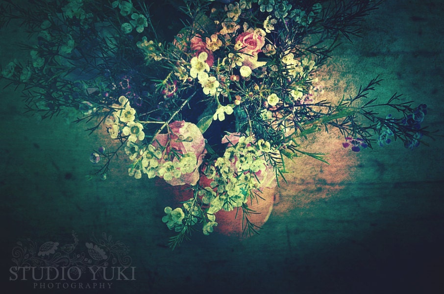 Flower Bouquet Photo, Altered Photograph, Romantic, Rustic, Surreal, Fine Art Photography, Green, Teal, Roses, Wild Flowers - Florale