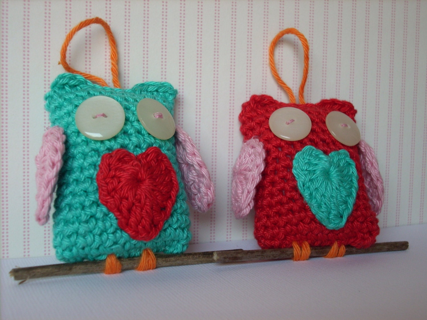 Crocheted little owls  Set of 2 red turquoise with crocheted heart