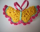 Crocheted butterfly little ornament keychain yellow aqua coral