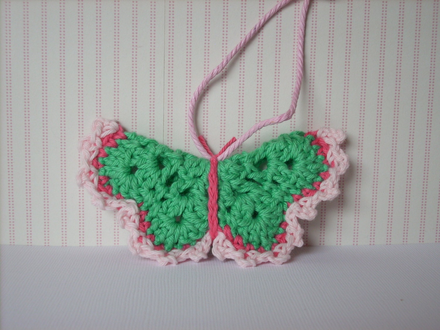 Crocheted butterfly little ornament keychain mintgreen softpink coral