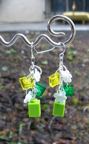 Lime Green and Yellow Chain Charm Lego Brick and Flower Earrings