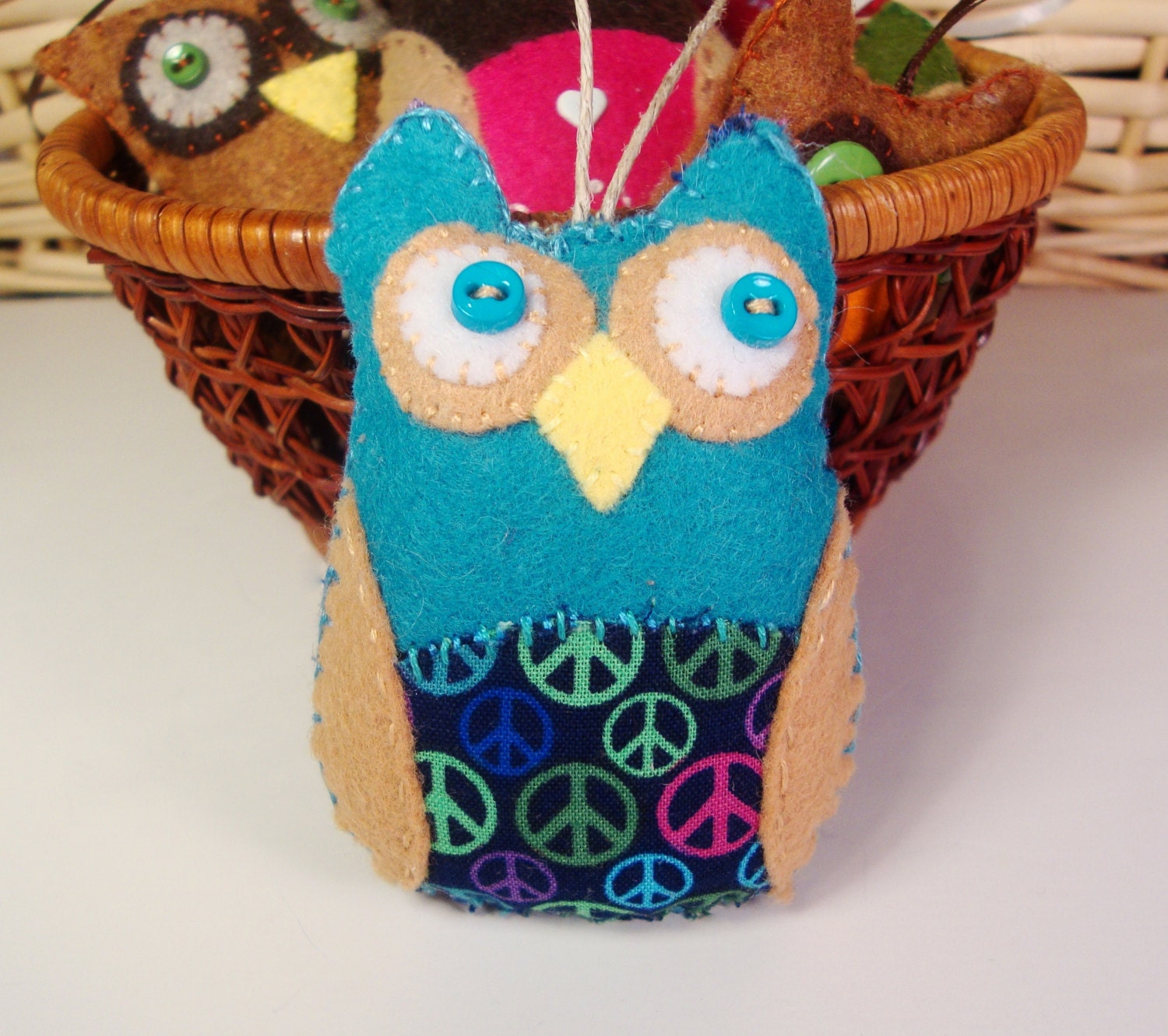 Owl Decor - Felt Owl - Hanging Stuffed Owl Ornament -  Bowl Filler - Peace Sign Owl