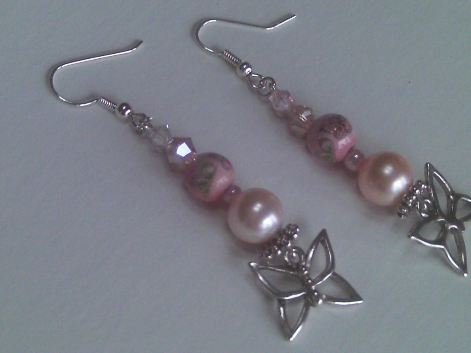 Butterflies in Pink Drop Earrings, Spring Pale Pink Pearl and Crystal Butterfly Earrings, Spring Jewelry