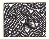 CLEARANCE I Love Love Love You Abstract Linocut Art Print / 8 x 10 Home Decor / Black, Gold, Brown, Pink Rose
