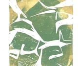 SALE CLEARANCE Abstract Contemporary Modern Art Block Print 5 x 7 Home Decor / Forest Green and Gold / Hand Pulled Linocut / Gift