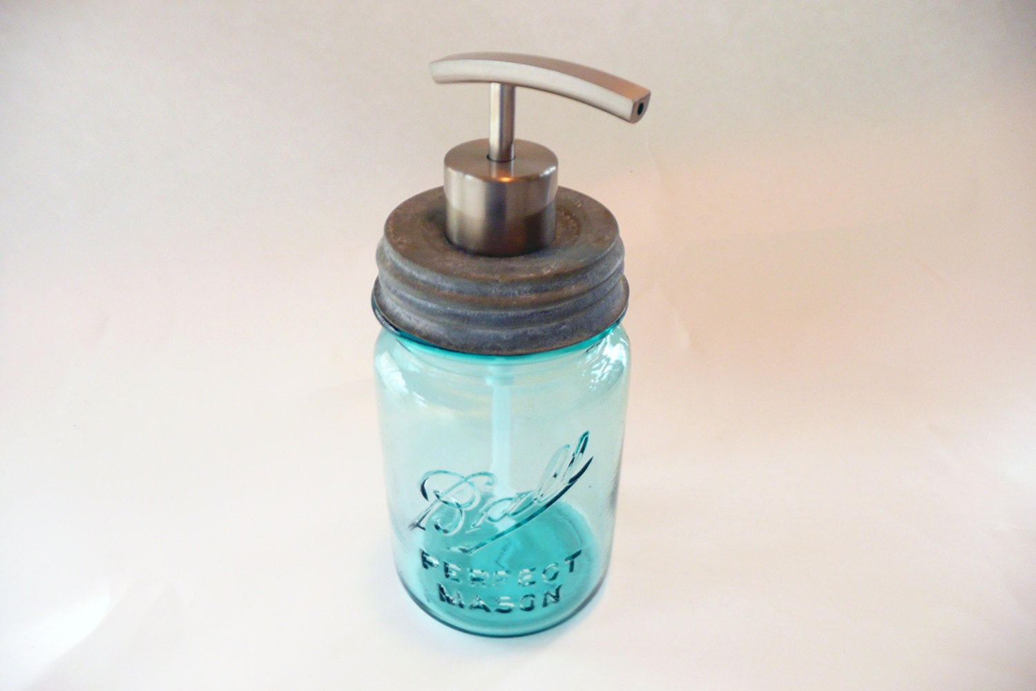Vintage Blue Mason Jar Soap or Lotion Dispenser with Zinc Lid - Pint Size - Rainbow Pump