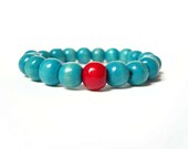 Chunky Bead Bracelet, Teal Turquoise and Red Bracelet, Wooden Bead Bracelet, Chunky Jewelry Uk - JewelleryByJora