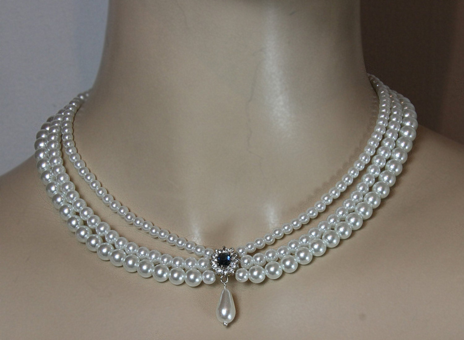 Wedding Set- Necklace And Earrings,Bridal Set,Choker,Pearls Earrings,Rhinestone,Something Blue,Sapphire Blue Stone,Jewelry,Triple Pearls Row