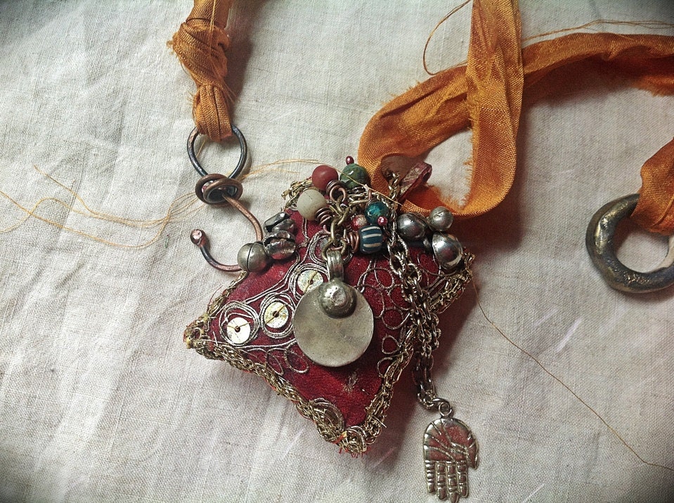 Gypsy amulet necklace with vintage embroidered textiles, kuchi and beads in red and gold
