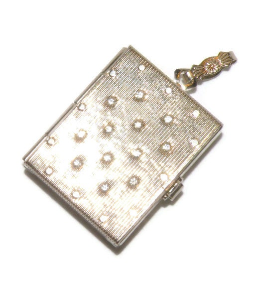 Vintage Photo Locket Silver Tone Rhinestones Book Style Photo Pendant