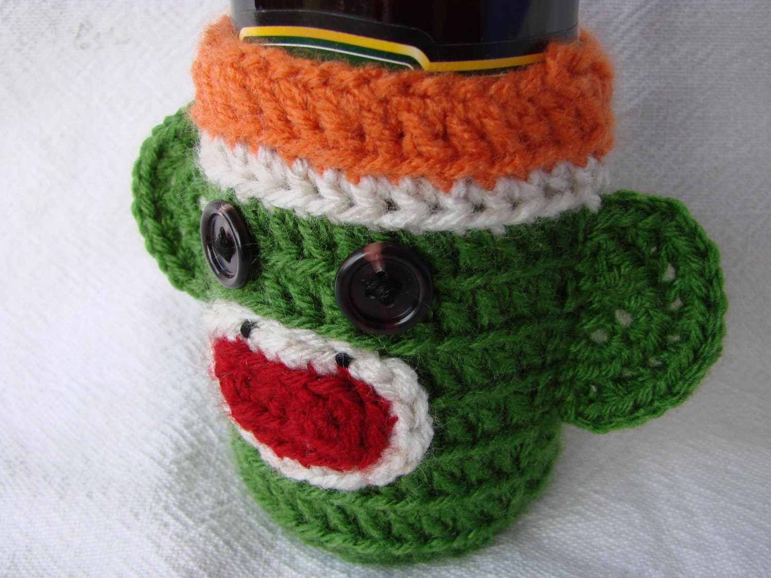 St Patrick's Day March 17 Irish Sock Monkey Beer Bottle Cozy in Orange White Green