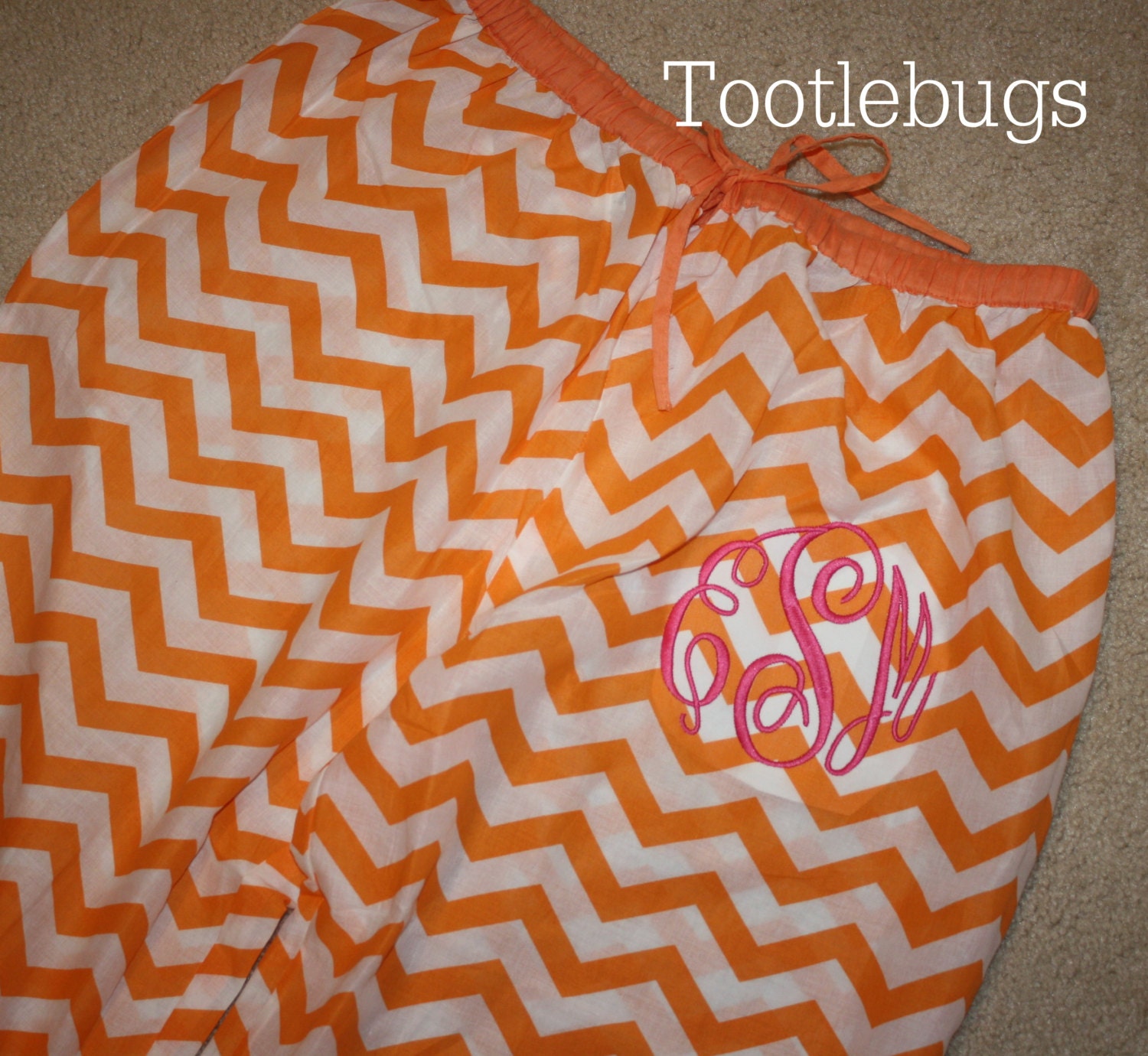 Preppy Monogrammed Ruffle Chevron Pajama Pants in Lime, Turquoise, Hot Pink, and Orange personalized pjs
