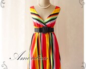 Rainbow Bright- Colorful Summer Dress Stripe Dress Party Popping Tea Dress Party Event Everyday Dress Pumpkin Hem -S-M-