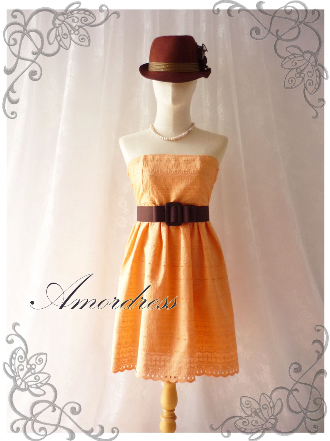 Sexy Sweet Pale Tangerine Lace Dress Princess Lacy Romantic Strapless Summer Dress Party Prom Wedding Birthday Anniversary Dress -S-M- SALE