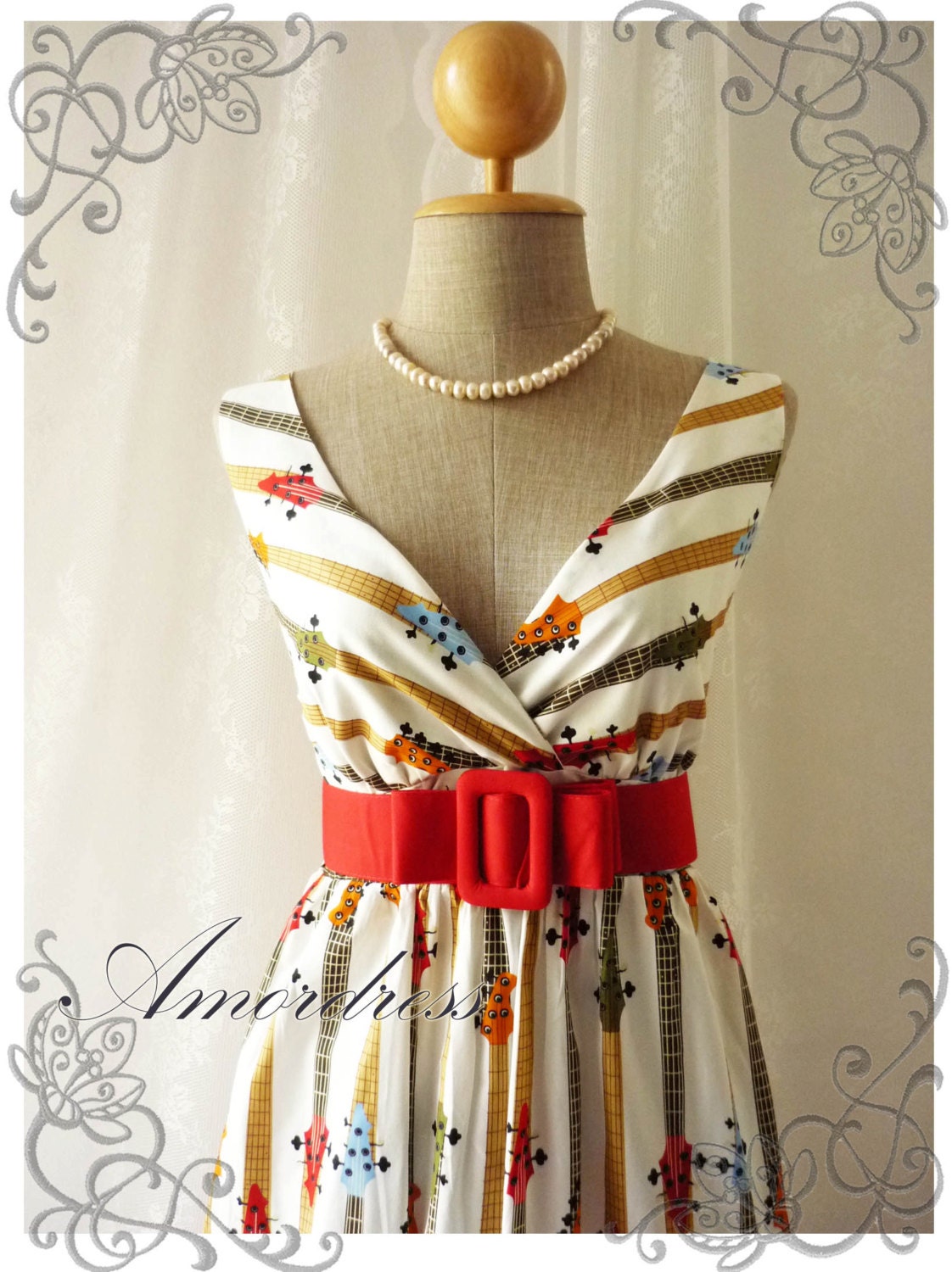 The Guitar - Spring Summer Dress Vintage Inspired Retro Chic Party Concert Holiday or Everyday Dress  -Size S-M-