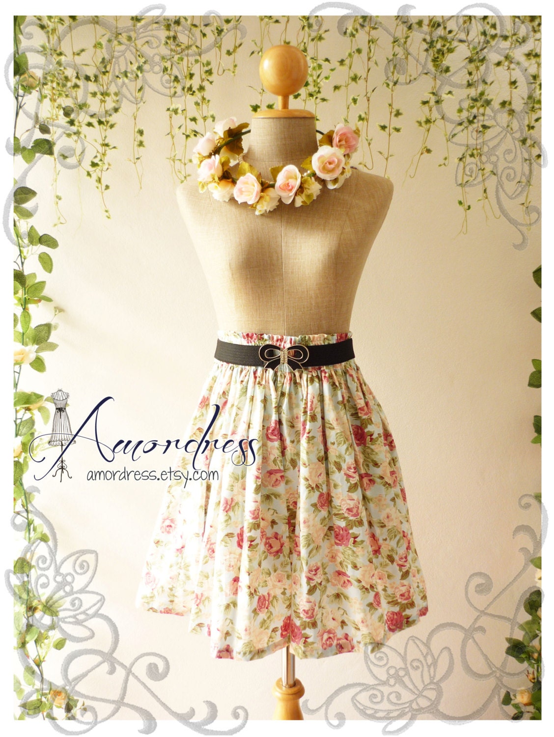 Floral Skirt Vintage Inspired Shabby Chic Skirt Blue with Pink Flower Sweet Skirt -Size S-M-
