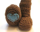 Ready to ship baby booties.  Brown with light brown heart.  0 to 3 month baby boy booties for baby boy or baby girl.