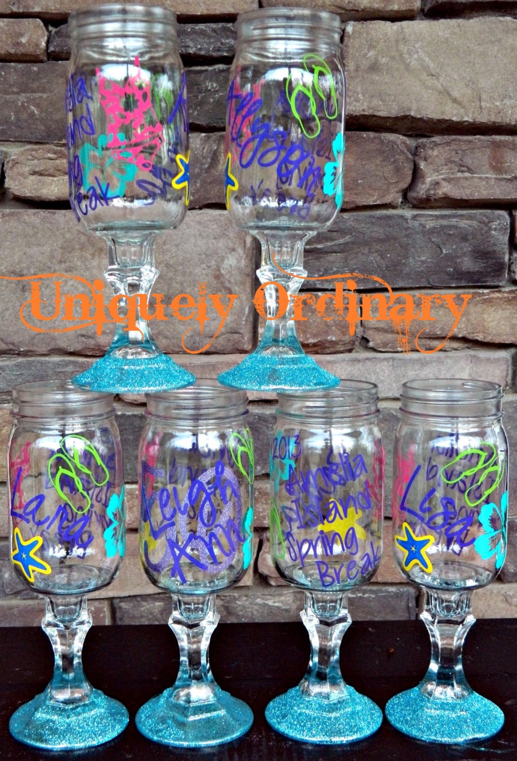 Uniquely Ordinary Original Set of 6 Glittered Redneck Wine glasses perfect for your next beach trip, weekend with the girls