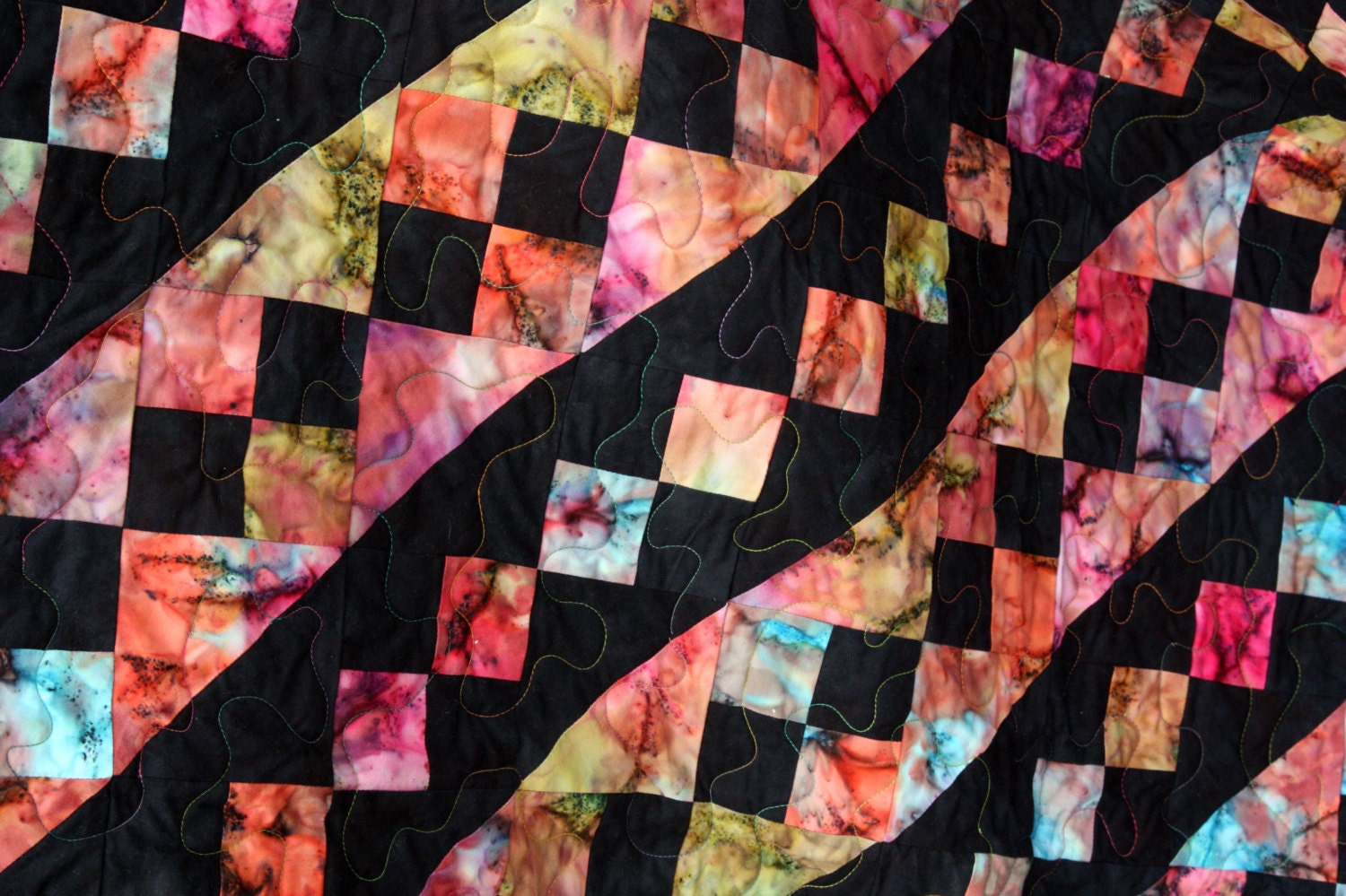 Batik Patchwork Quilt, Black & Rainbow