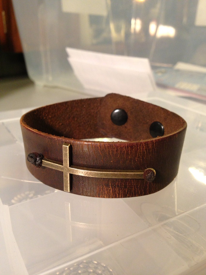 Father's Day leather cuff with cross - distressed leather, bronze cross, snap closure, hand stamped