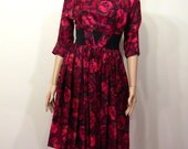 Vintage 1950s Dress // SILK ROSES // 50s Party Dress // R and K Originals // 4/S
