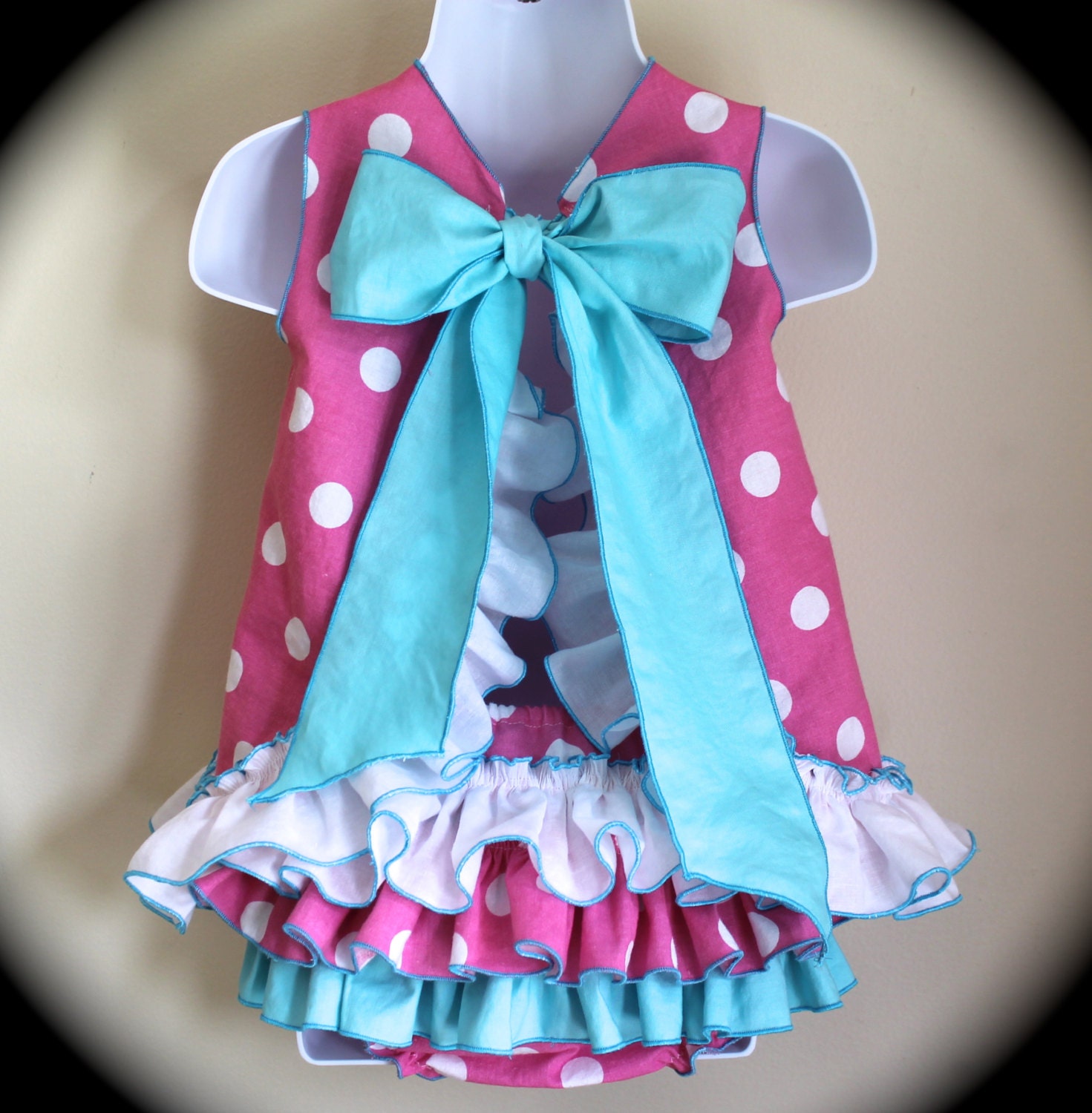 Open Back Ruffle Dress / Pinafore and ruffle bloomers, Medium Pink Polka Dot with Aqua, Made to Order 3-6 months to 2-3T